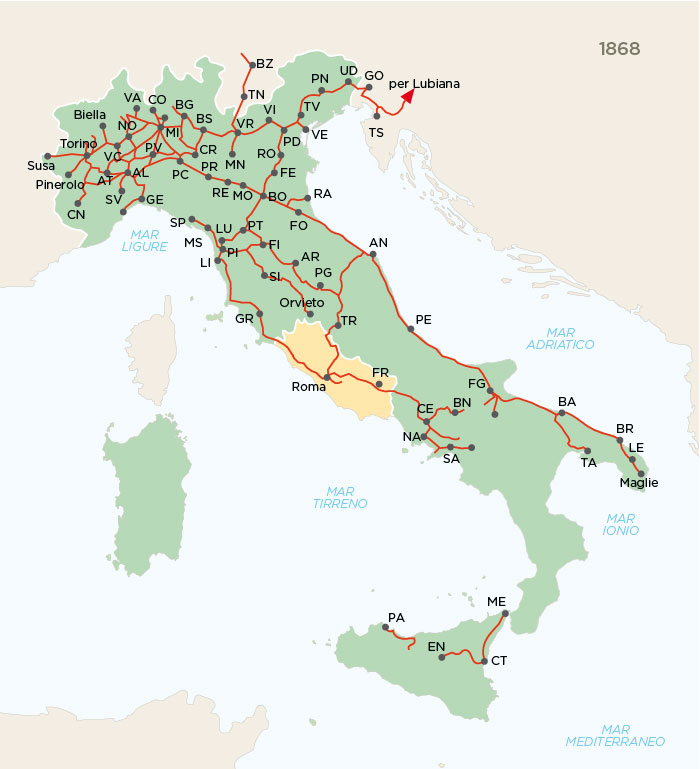 Le linee ferroviarie italiane nel 1868