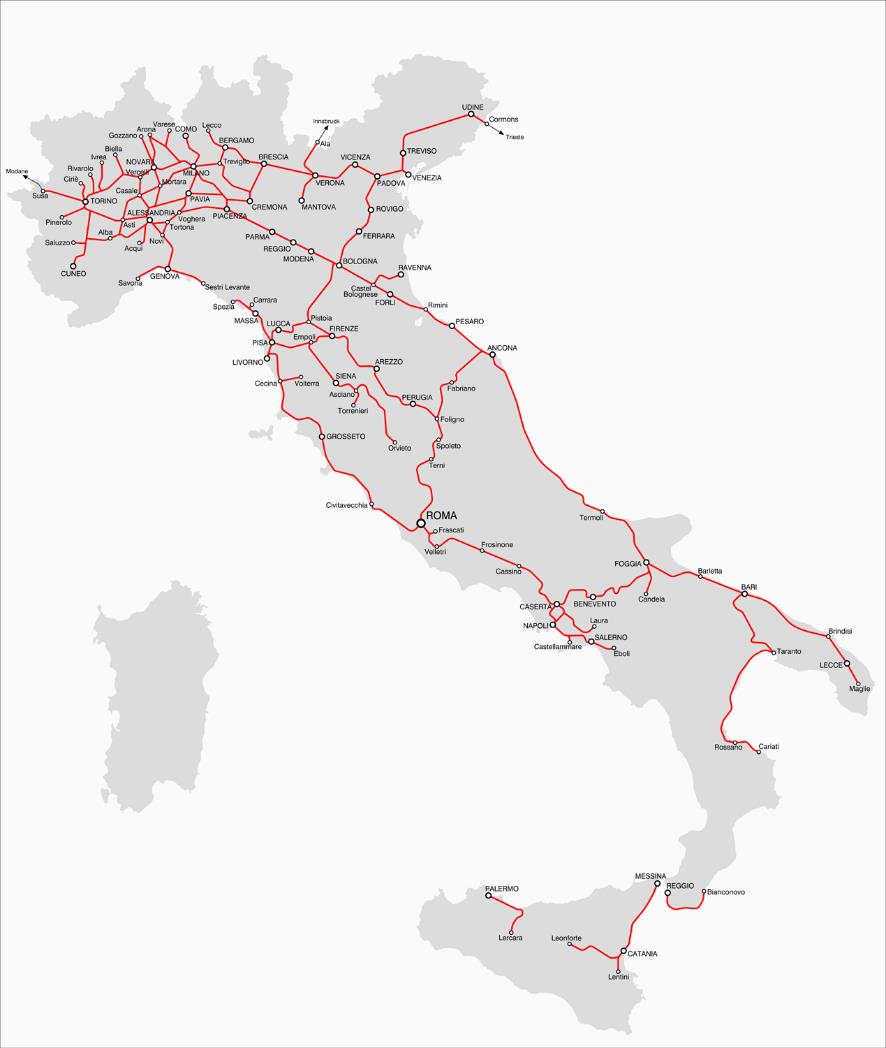 Le linee ferroviarie italiane nel 1870